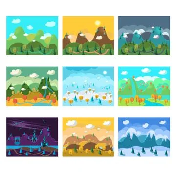 Vector Landscape Cartoon Seamless Backgrounds Set 스톡 일러스트