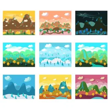 Vector Landscape Cartoon Seamless Backgrounds Set 스톡 일러스트