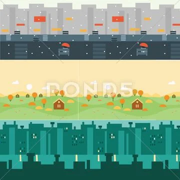 Vector landscape cartoon seamless backgrounds Stock Illustration