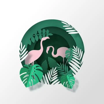 Vector landscape with deep forest plantation and Flamingos. Stock Illustration