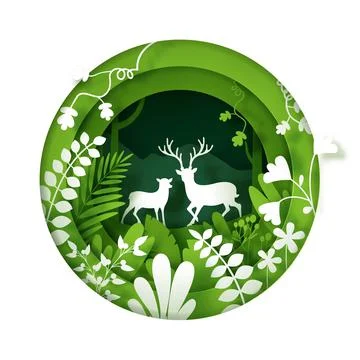 Vector landscape with deep forest plantation and deers. Stock Illustration