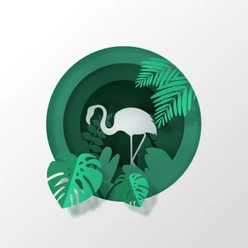 Vector landscape with deep forest plantation and Flamingos. Stock Illustration