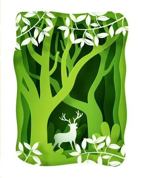 Vector landscape with deep forest plantation and deer. Stock Illustration