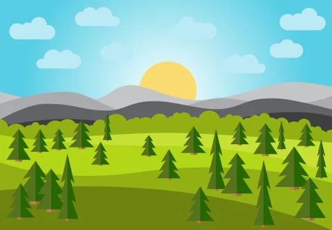 Vector landscape with field, trees and mountains Stock Illustration