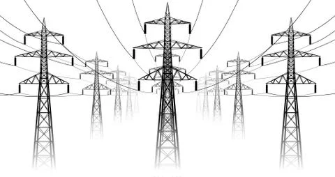 Vector landscape high voltage transmission line with pylons Stock Illustration