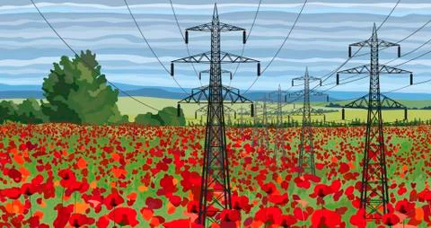Vector landscape high voltage transmission line with pylons Stock Illustration
