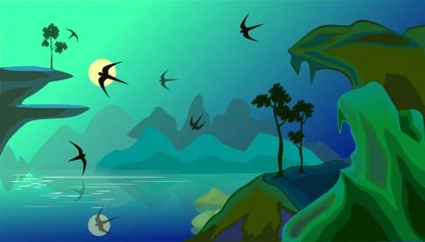 Vector landscape with lake in mountains and seagulls Stock Illustration
