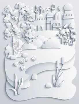 Vector Landscape with a lake, nature and building Stock Illustration