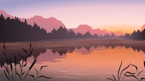 Vector landscape. Lake, river, forest, mountains, reeds. Stock Illustration