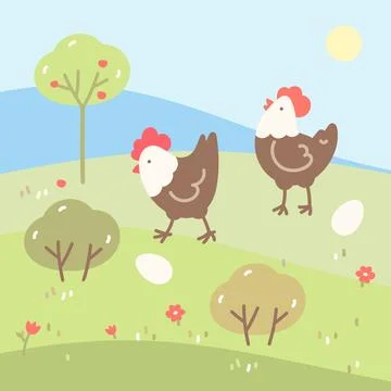 Vector landscape of laying hens and eggs Stock Illustration