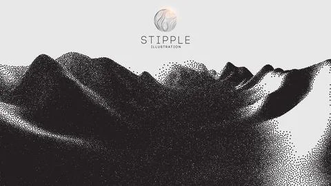 Vector landscape of mountain in dotwork style. Stipple illustration design. Old Illustrazione stock