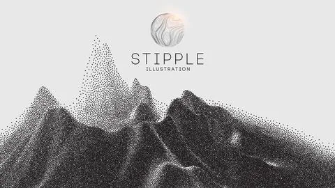 Vector landscape of mountain in dotwork style. Stipple illustration design. Old Illustrazione stock