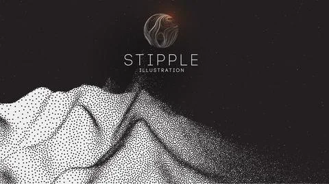 Vector landscape of mountain in dotwork style. Stipple illustration design. Old Stock Illustration