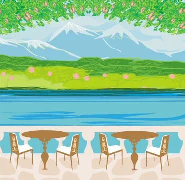 Vector landscape with mountains and cafe tables Stock Illustration