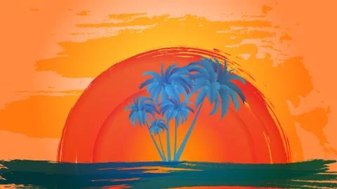Vector landscape of palm trees on a background of abstract sky and sun. EPS 1 Stock Illustration