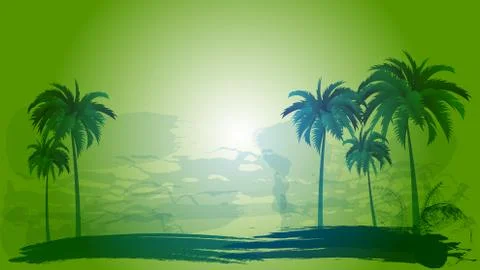 Vector landscape of palm trees on a background of abstract sky and sun. EPS 1 Stock Illustration