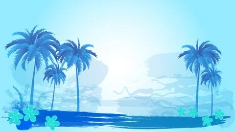 Vector landscape of palm trees on a background of abstract sky and sun. EPS 1 Stock Illustration