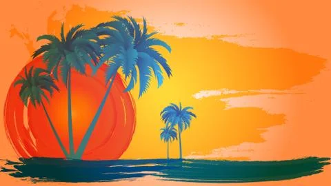 Vector landscape of palm trees on a background of abstract sky and sun. EPS 10. Stock Illustration