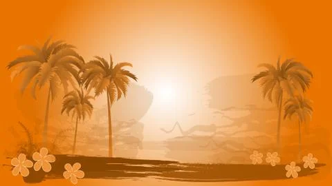 Vector landscape of palm trees on a background of abstract sky and sun. EPS 10. Stock Illustration