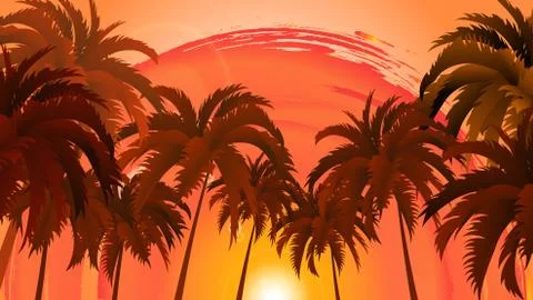 Vector landscape of palm trees on a background of abstract sky and sun. EPS 10. Stock Illustration
