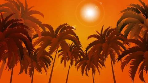 Vector landscape of palm trees on a background of abstract sky and sun. EPS 10. Stock Illustration
