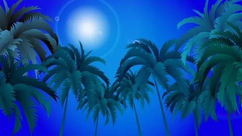 Vector landscape of palm trees on a background of abstract sky and sun. EPS 10. Stock Illustration