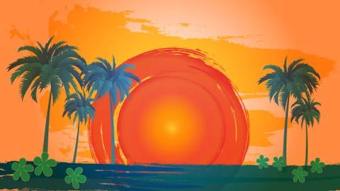 Vector landscape of palm trees on a background of abstract sky and sun. EPS 10. Stock Illustration