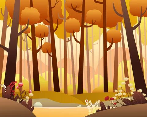 Vector landscape with pine forest in Autumn. Stock Illustration