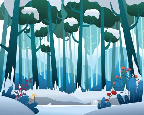 Vector landscape with pine forest in Winter Stock Illustration