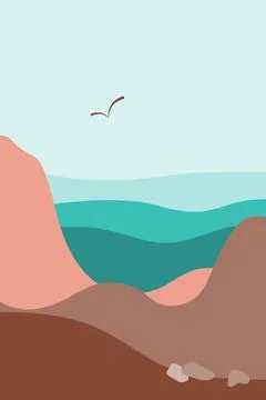 Vector landscape poster, minimalistic boho style wall art, hand drawn design Stock Illustration