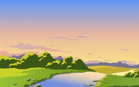 Vector landscape with river, sky and clouds. Sunset. Anime cartoon style. Backgr Illustrazione stock