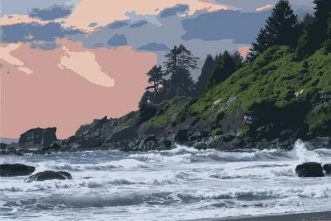 Vector landscape of a rocky coast pine covered beach at sunset. Waves crashing Illustrazione stock