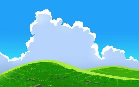Vector landscape sky hills clouds. Anime cartoon style. Background design Illustrazione stock