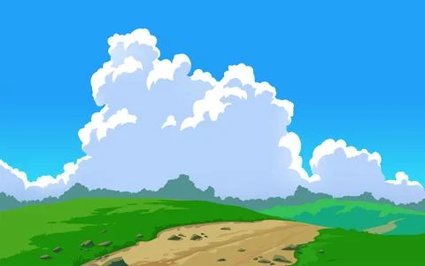 Vector landscape sky hills clouds. Anime cartoon style. Background design Illustrazione stock