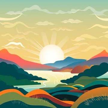 Vector landscape sunrise in a river valley Stock Illustration
