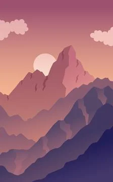 Vector landscape, sunset scene in nature with mountains and forest, silhouettes Stock Illustration