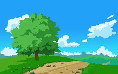 Vector landscape with tree and road, sky and clouds. Anime cartoon style. Backgr Illustrazione stock