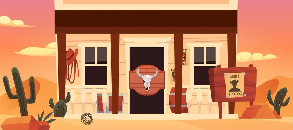Vector landscape in Western style with a bar with cow skull and a cowboy hat Ilustración de archivo