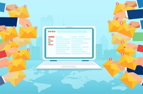 Vector of a laptop and multiple hands holding email icons Stock Illustration