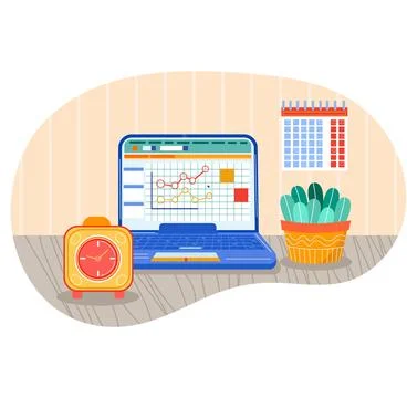 Vector laptop, clock, calendar, flower on desk 库存插图