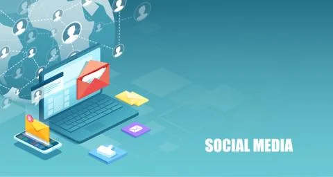 Vector of a laptop computer connecting multiple people via social media Stock Illustration