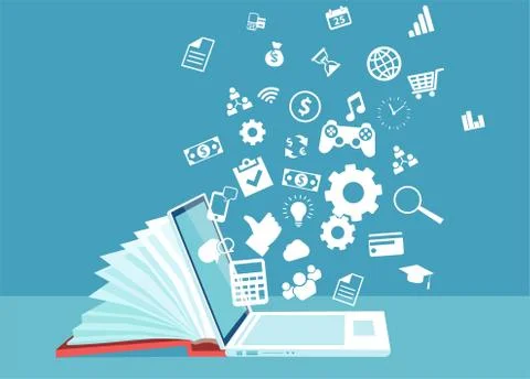 Vector of a laptop as part of a book knowledge base Stock Illustration