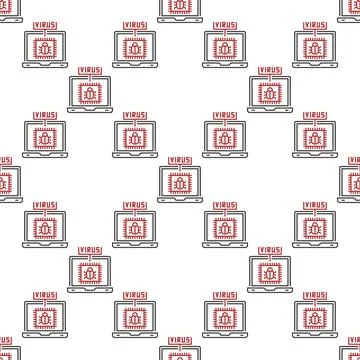 Vector Laptop with PC Viruses seamless pattern in outline style 스톡 일러스트