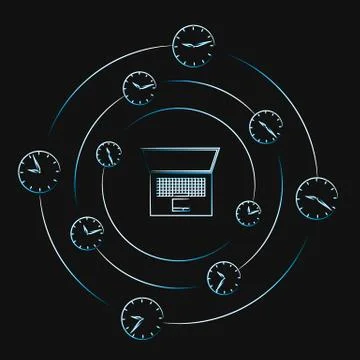 Vector of laptop surrounded by spinning clocks イラスト素材