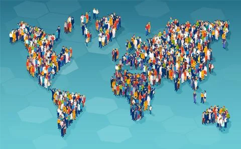 Vector of a large group of diverse people standing on a world map Stock Illustration