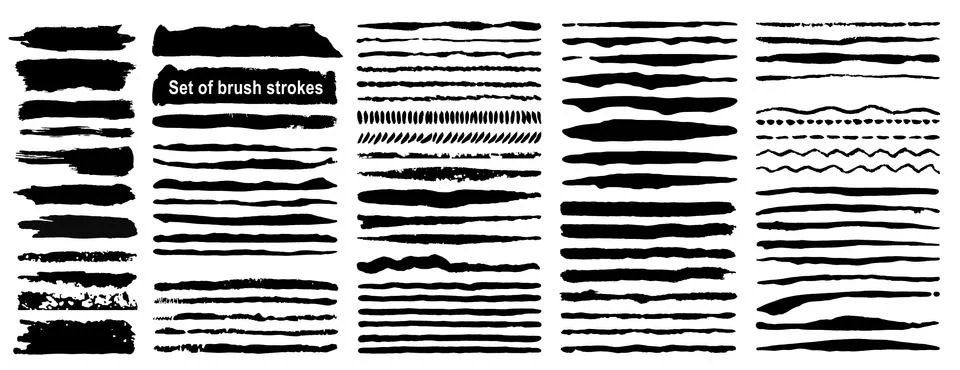 Vector large set of 80 grunge ink brush strokes. Black artistic paint. Stock Illustration