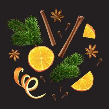 Vector. Large set of spices, orange, fir branches Stock Illustration