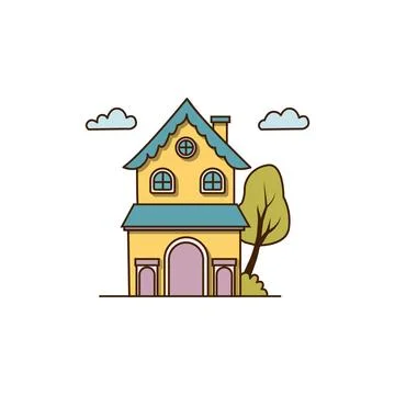 Vector large yellow house with attic icon. Vector house with green wood and Stock-Illustration