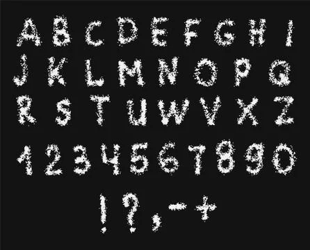 Vector Latin alphabet with numbers. Texture white chalk on a black background Stock Illustration