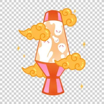Vector lava lamp is glowing on transparent backdrop with ghost blobs, gold cloud Stock Illustration
